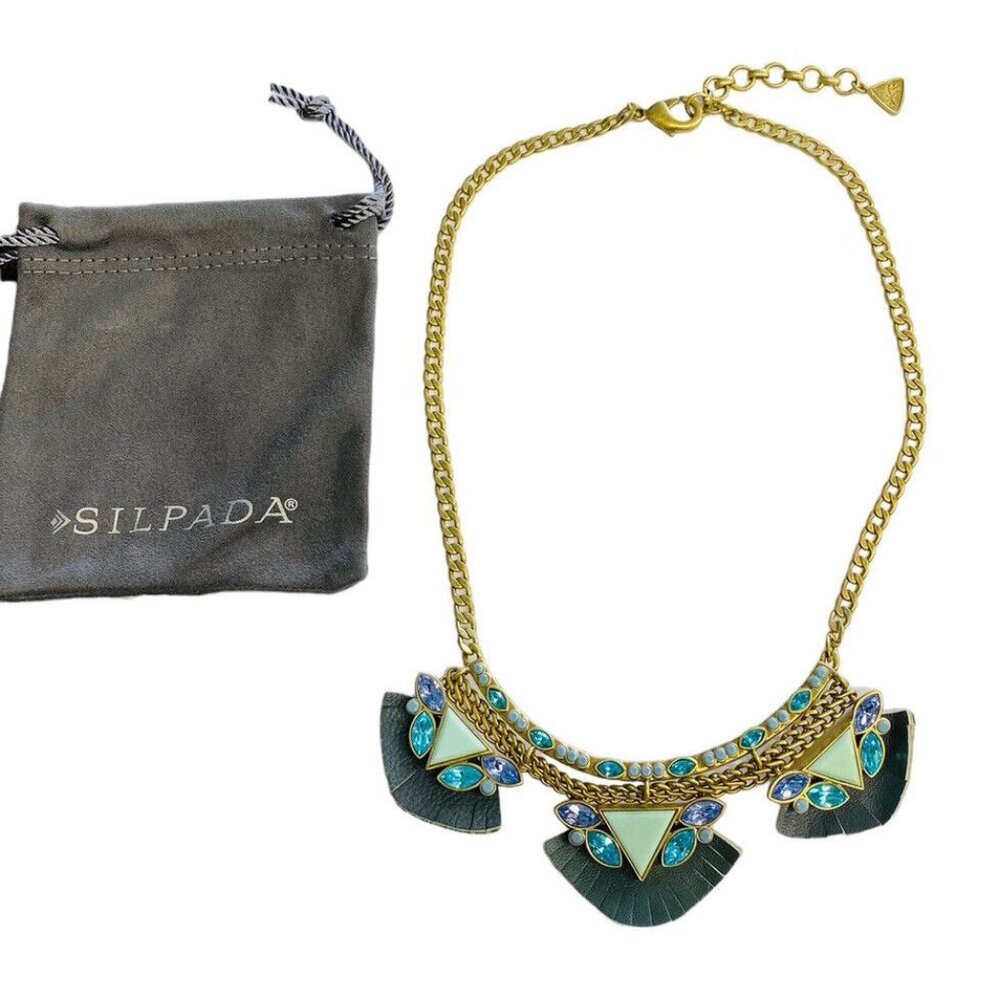 Silpada K & R necklace Posy blue Bib Leather Brass Swarovski KR0048 Boho Retro
